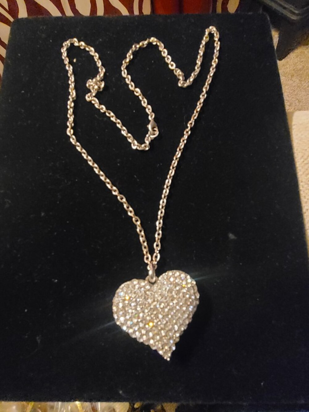 Long Silver Rhinestone Bling Puffy Heart Pendant Necklace